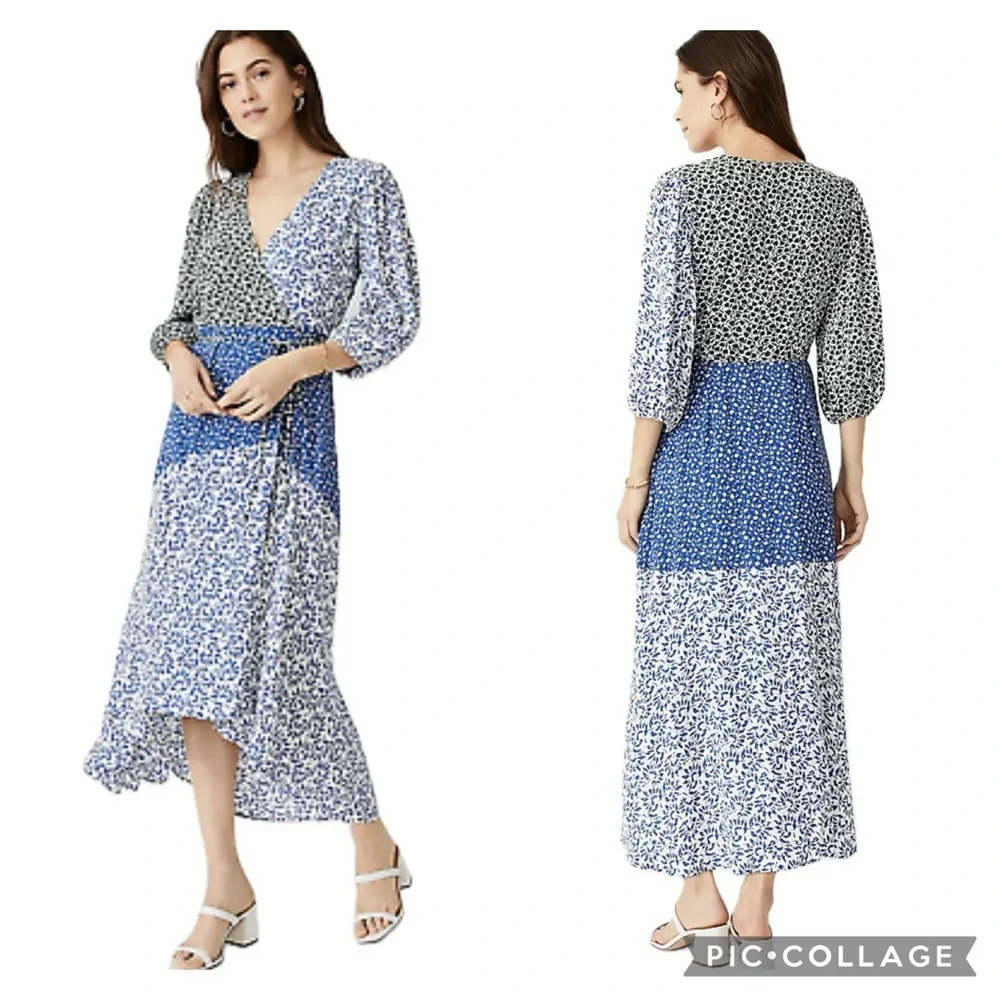 Ann Taylor Floral Wrap Flare Midi Dress Mixed Floral Print Sz 2